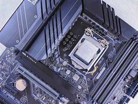 High-quality image showcasing a computer motherboard with an installed CPU chip in focus.